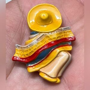 Vintage Celluloid Figural Brooch Senor In Sombrero Colorful Mexico Art Deco Pin